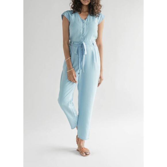 Reistor XSmall Blue Denim Evening Chai Jumpsuit Hidden Button Pockets Tencel - Picture 13 of 15